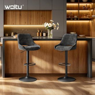 Woltu Woltu Taburetes De Bar Modernos Para Cocina - Dise&ntilde;o De Chenilla Con Respaldo Calado, Giro De 360&deg;, Altura Ajustable - Gris (juego De 2)