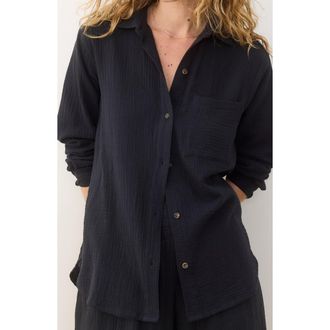 Marine Layer Jane Double Cloth Cotton Gauze Button-Up Shirt in Black at Nordstrom, Size X-Small