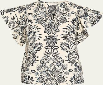 Ulla Johnson Severine Floral Flutter-Sleeve Blouse