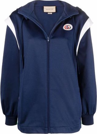 Gucci Web-Stripe Detachable-Sleeve Hooded Jacket - Dames - Vesten met rits - Blauw - XS - Katoen - Hoodies & sweatvesten