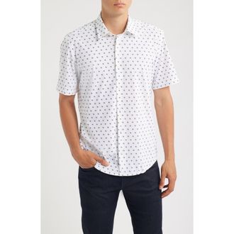 BOSS Liam Geo Print Short Sleeve Stretch Nylon Button-Up Shirt in Open White at Nordstrom, Size Xx-Large