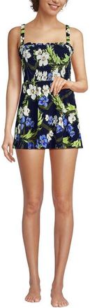 Lands End Womens Square Neck Smocked Mini Swim Dress in Deep Sea/blue Floral Tropic at Nordstrom, Size 14