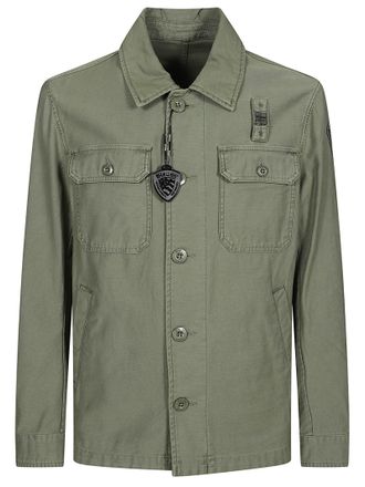 Blauer Unlined Green Utility Jacket With Shirt Collar And Logo Accents