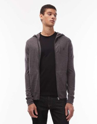 AllSaints Mode - Felpa con cappuccio e chiusura zip grigio antracite con logo in lana merino