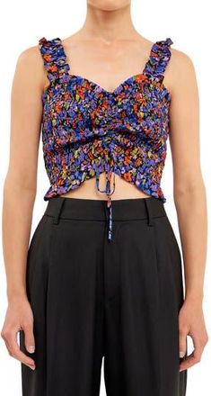 endless rose Floral Print Smocked Tank in Black Multi at Nordstrom Rack, Size X-Small