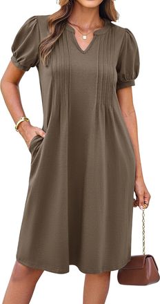 Grace Karin Casual Short Sleeves Henley V-Neck Ladies Summer Dress Elegant Cotton Knee-Length Pockets for Women UK Coffee M