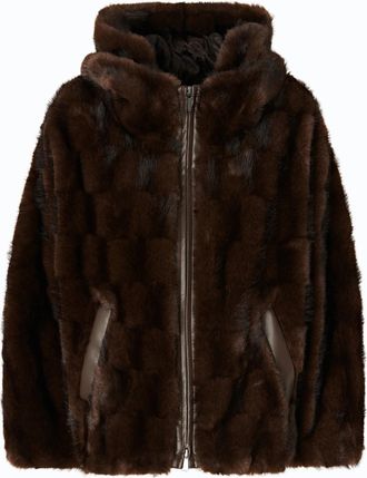 Pinko Plush Dark Brown Checkered Fur Jacket With Hood And Leather Trim