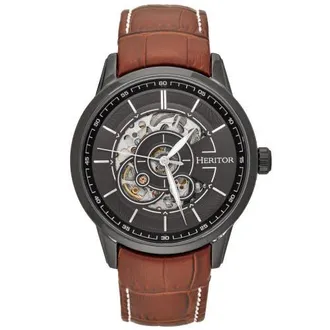 Heritor Davies Semi-Skeleton Leather-Band Watch in Black/brown at Nordstrom
