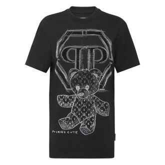 Philipp Plein Tops, Dames, Zwart, M, Katoen, T-Shirt Ronde Hals Teddy
