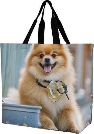 Generic Short-Haired Pomeranian Dog Shopping Bag Foldable Tote Bag Eco Friendly Handbags For Camping Ladies Picnic