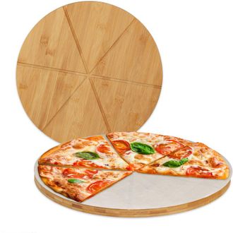Relaxdays Relaxdays - Set 8 Tablas Para Pizza, Plato Cortar Y Servir Pan, Ranuras, Redondo, &Oslash;33cm, 200 L&aacute;minas Papel Horno, Bamb&uacute;, Natural