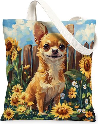 Generic Spring Chihuahua Dog Canvas Tote Bag for Shopping 13x15, Sunflower Fence Puppy Reusable Grocery Print Bag for Women, Farmhouse Pet Beach Aesthetic Pai