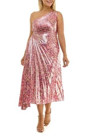 Nicole Miller Pleated One-Shoulder Metallic Dress in Abstract Butterfly Fuchsia at Nordstrom Rack, Size 14