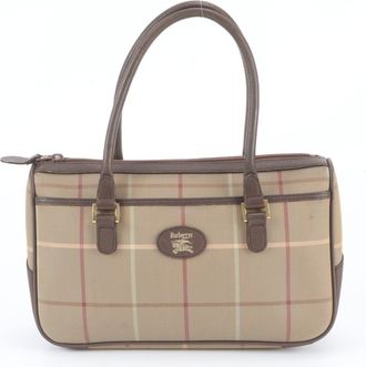 Burberry Brown Leather Canvas Handbag Shoulder Bag Tote Bag (Pre-Owned)