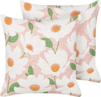 Beliani Beliani - Conjunto De 2 Cojines Boho De Algod&oacute;n Con Dise&ntilde;o Floral Hecho A Mano Funda Extra&iacute;ble 45 X 45 Cm Rosa Jatropha