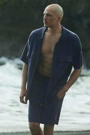 Alo | Sports Club Sweater Knit Short Sleeve Button Up Top in Navy, Size: Medium