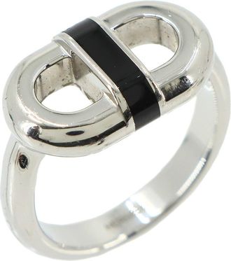 Herm&egrave;s Silver Black Lacquer Metal Stainless Steel Band Ring (Pre-Owned)