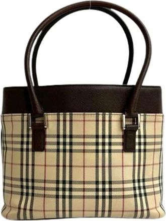 Burberry Pre-owned Handbags, female, Beige, Size: ONE SIZE Pre-owned Check Canvas Leather Mini Tote Bag
