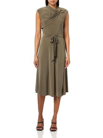 Halston Heritage Sleeveless Draped Neck Oval Hardware Dress In Sage