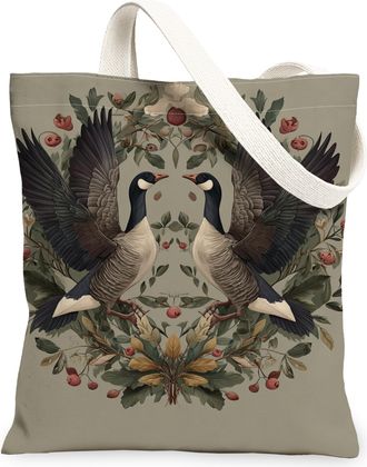 Generic Artistic Vintage Canvas Tote Bags, Decorative Birds Floral Pattern Reusable Grocery Bags, Lightweight Washable Shoulder Str, Gray, 13x15 Inch