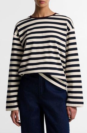 Barbour Woodhouse Striped Long Sleeve Cotton Top in Dark Navy/birch at Nordstrom, Size 10