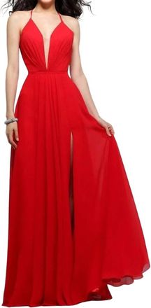 Faviana Chiffon V-Neck Evening Dress In Red