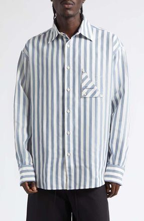 Jacquemus La Chemise Voilier Stripe Cotton & Linen Button-Up Shirt in Jacquard Stripes Blue at Nordstrom, Size 48