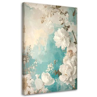 Feeby Cuadro En Lienzo, Naturaleza Muerta Con Flores En Tonos Turquesa Claro, 80x120