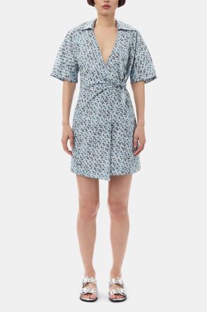 Ganni Blue Floral Printed Cotton Wrap Mini Dress - Size 32 Organic