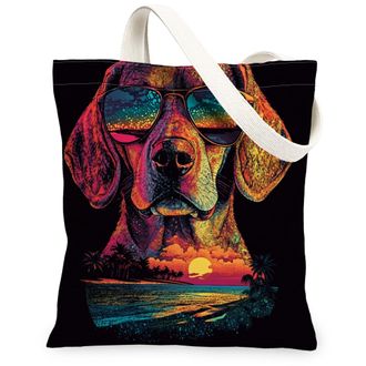 Generic Summer Beagle Dog Canvas Tote Bag for Shopping 13x15, Cool Beach Coastal Puppy Reusable Grocery Print Pattern Bag for Women, Retro Pet Beach Aesthetic