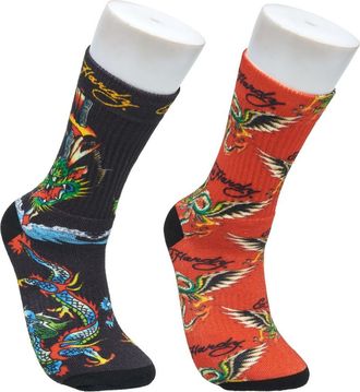 Ed Hardy Dragon 360 Print Full Cushion Crew Sock 2-Pack in Red at Nordstrom