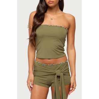 Edikted Monroah Beaded Strapless Top in Olive at Nordstrom, Size X-Small