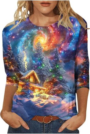 Generic Christmas Tops Ladies Women Christmas Tree Print Xmas T-Shirts Plus Size Novelty Funny 3/4 Sleeve Santa Print Reindeer Graphic Blouse Ugly Tee Shirt P
