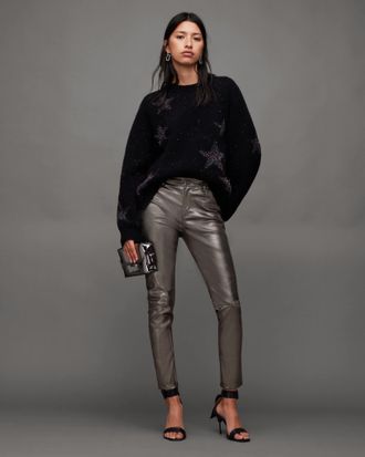AllSaints Womens Sheep Leather Ina Metallic Leather Trousers, Size: UK 12/US 8