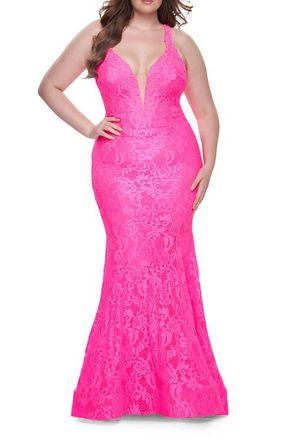 La Femme Mermaid Lace Plus Size Prom Dress with Deep V in Neon Pink at Nordstrom, Size 20W