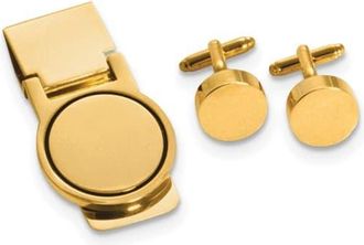 Diamond2Deal Gold-tone Circular Design Engravable Cuff Link and Money Clip Set