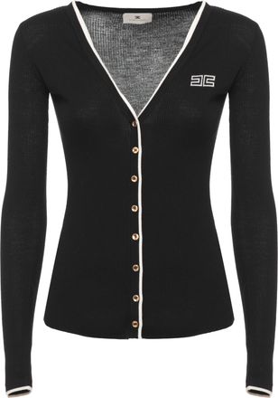 Elisabetta Franchi Fitted Black Ribbed Wool Sweater with Gold Button Accents