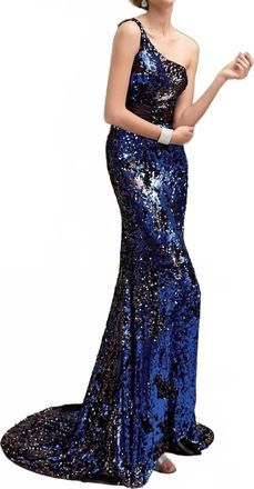 Alyce Paris One Shoulder Sequin Gown In Royal/black