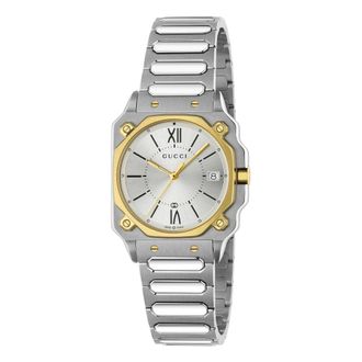 Gucci Accessoires, Dames, Grijs, ONE Size, Ya 166506 - G-Flat 30mm roestvrijstalen kast met 18kt vergulde lunet en schroeven; Zilver gegalvaniseerde wijzerp