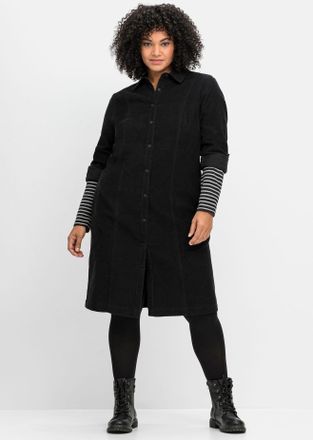 Sheego Blusenkleid SHEEGO Cord-Kleid, Damen, Gr. 44, Normalgr&ouml;ssen, schwarz, 100% Baumwolle, unifarben, knielang, V-Ausschnitt, Kleider Blusenkleid