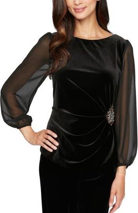 Alex Evenings Ruched Sheer Sleeve Velvet Top in Black at Nordstrom Rack, Size Medium