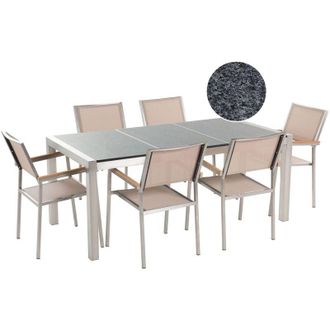 Beliani Set da Giardino Tavolo Piano Granito Grigio 6 Sedie Beige 180 x 90 cm Grosseto