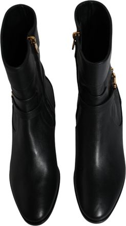 Dolce & Gabbana Womens Black Leather Logo Mid Calf Boots Shoes