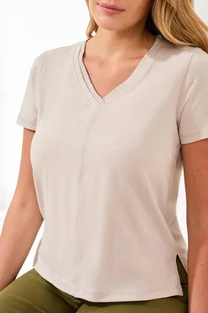 Tribal Short Sleeve V Neck Top With Rib Combo In Quartz-0979