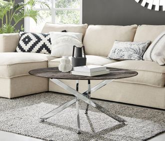 Furniturebox Novara Round Marble Effect Glass Top Coffee Table With Silver Metal Starburst Legs in Grey