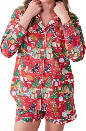 Printfresh Meowy Christmas Long Sleeve Top & Shorts Set In Red Bow