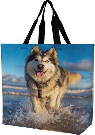 Generic Alaskan Malamute in Beach Tote Bag Reusable Grocery Shopping Bags Large Travel One Shoulder Handbag for Picnic Work