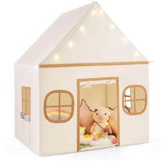 Costway Tenda da Gioco per Bambini, con Tenda Porta e Finestre, Luci a Stella, Tappetino Antiscivolo, Casetta per Bambini e Bambine 3-10 Anni, 120 x