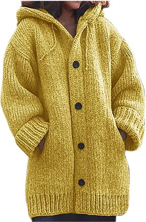 Generic Chunky Cardigans for Women UK Chunky Knit Cardigan Hooded Long Knitted Cardigan Pockets Womens Knitwear Button Winter Cardigans for Women UK Warm Plai
