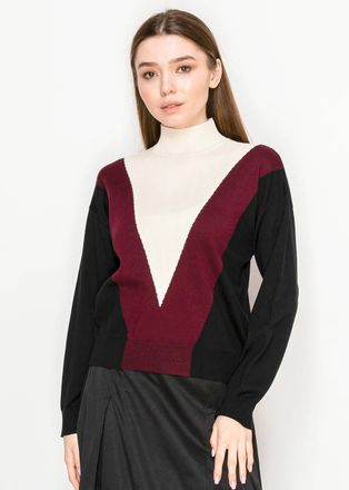 YAL New York Geometric Mock Neck Sweater with Tri-Color Design